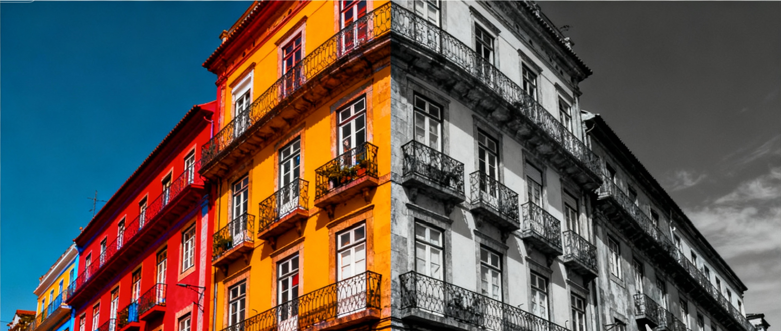 Split-screen comparison showing vibrant color architectural photo on left transforming into high-contrast black and white on right