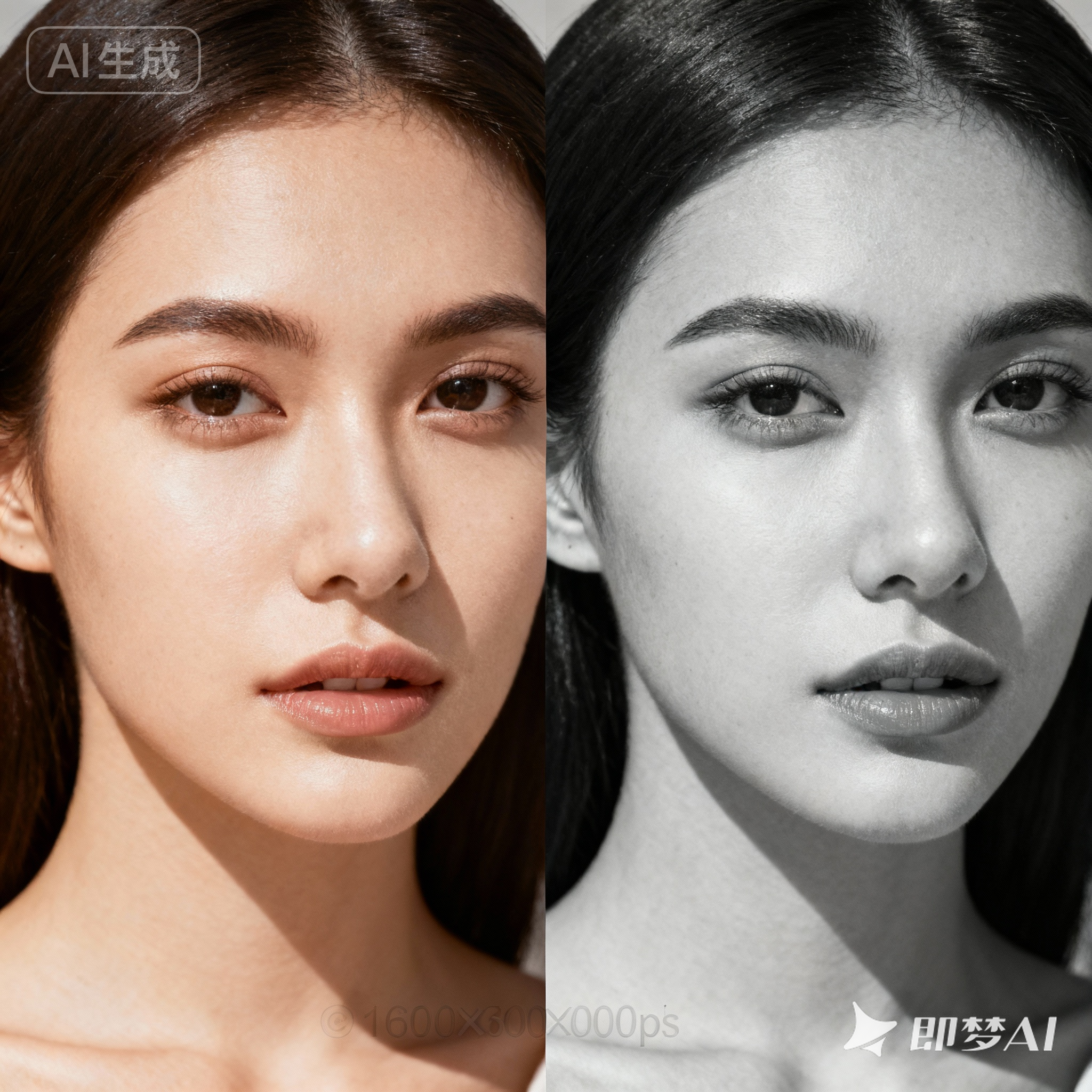 Before/after comparison: Color portrait vs black and white with proper skin tone adjustment
